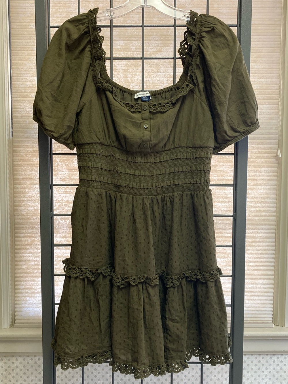 AE Olive Green Puff Sleeve Mini Dress Size Small